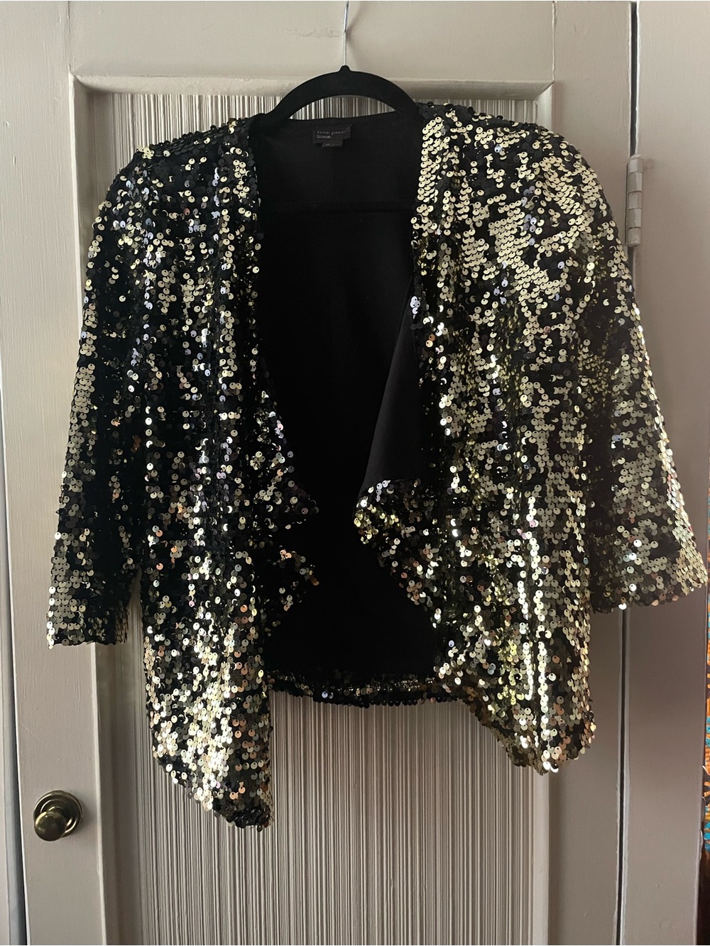 free press Black and Gold Sequin Draped Open-Front Blazer